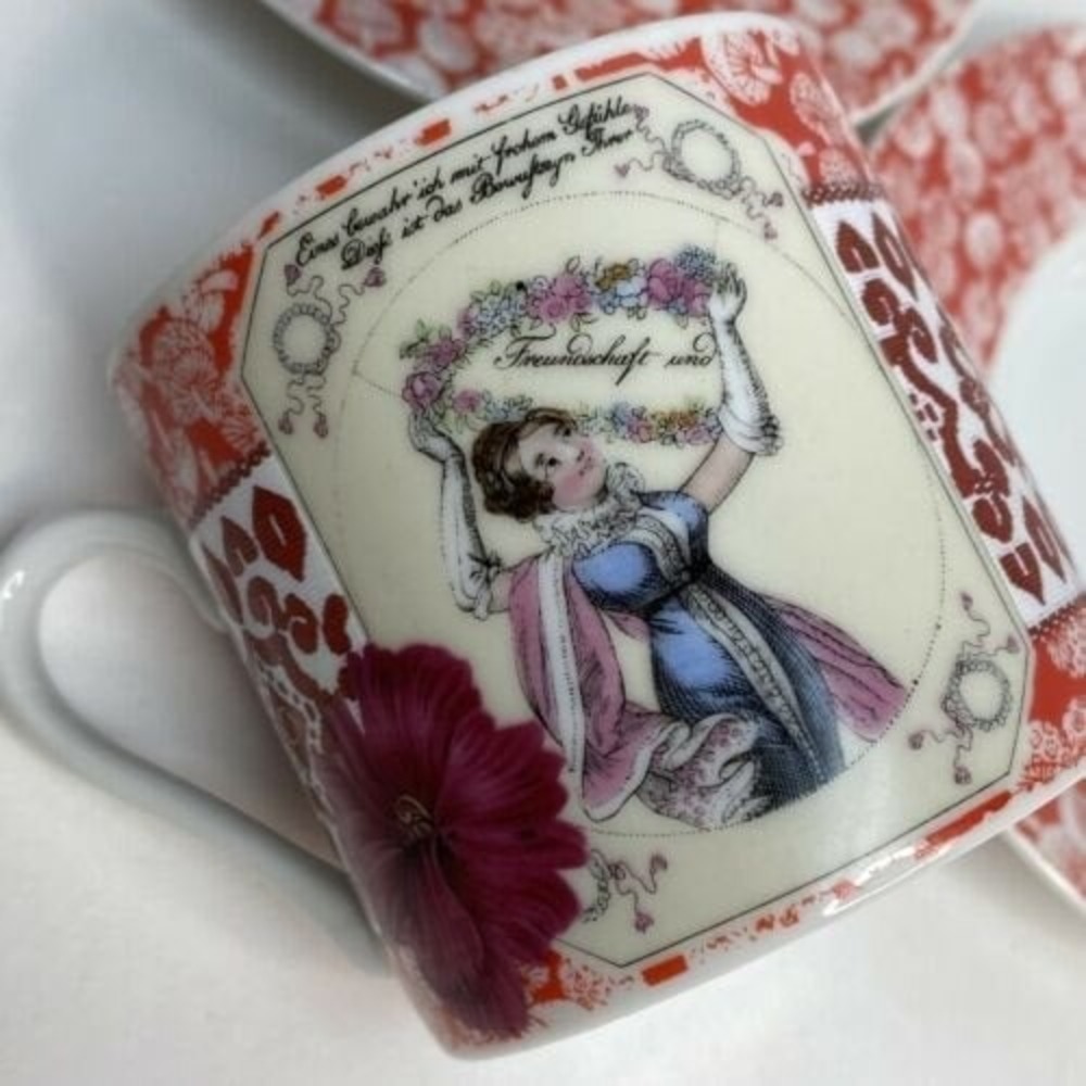 Vintage Gloria Vanderbilt 2 Piece Set Demi Teacups & Saucers Mushrooms Reds - Picture 8 of 10